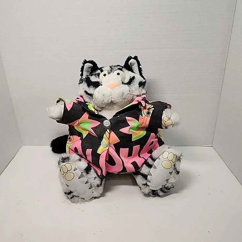 1989 Bernard Kliban Star Shine Hawaiian Aloha Fat Cat Gray & Black Plush Tag 9”